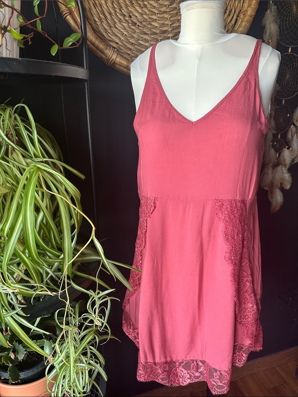 Dusty Rose Lace-Trim Slip Dress